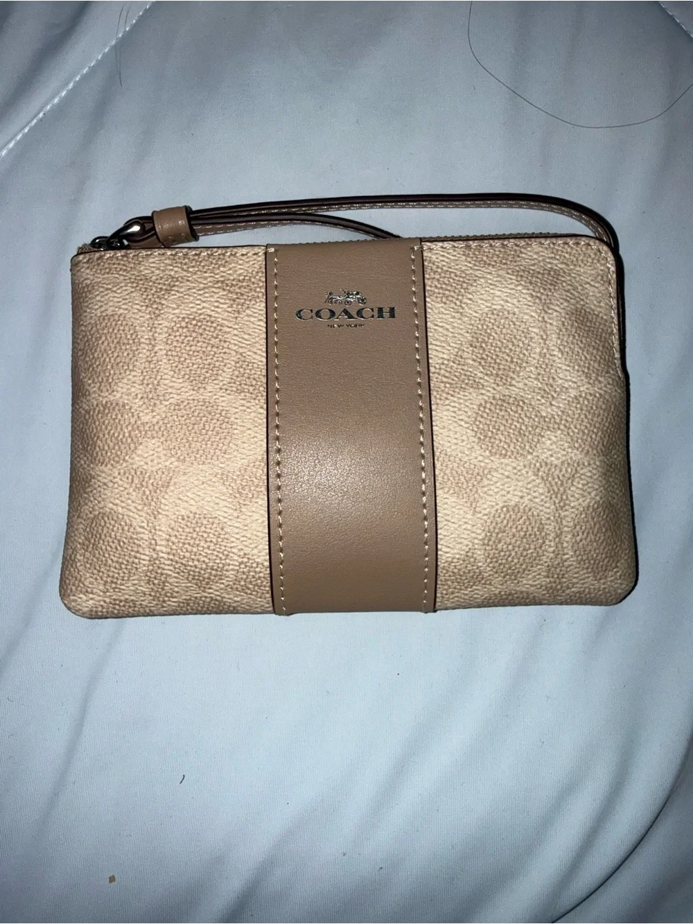 Coach Beige Signature Canvas Wristlet with Tan Leather Center Stripe
